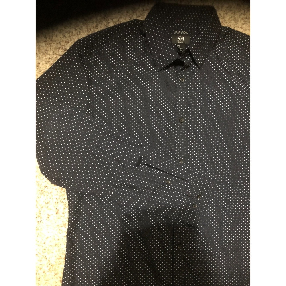 H&M Mens Large Slim Fit Dress Shirt Navy & White Polka Dot Easy Iron Long Sleeve